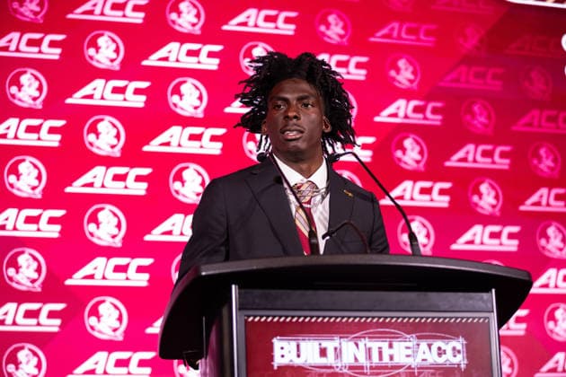 July 15, 2026: Florida State cornerback JaÃ¢â‚¬â ¢Bril Rawls talks to the media at the 2026 ACC Football Kickoff at Hilton Uptown Charlotte in Charlotte, NC. ( CSM) Charlotte United States - ZUMAc04_ 20260715_zma_c04_073 Copyright: xScottxKinserx