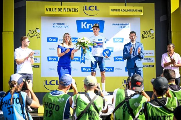 Spanish Juan Ayuso of Lidl-Trek celebrates in the white jersey for best young rider after the stage 11 of the 2026 Tour de France cycling race, a stage of 161km from Vichy to Nevers, on Wednesday 15 July 2026. The 113th edition of the Tour de France starts on Saturday 4 July in Barcelona, Spain, and will finish in Paris, France on the 26th of July. JASPERxJACOBS  x181194093x