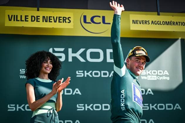 Danish Mads Pedersen of Lidl-Trek celebrates in the green jersey of leader in the points ranking after the stage 11 of the 2026 Tour de France cycling race, a stage of 161km from Vichy to Nevers, on Wednesday 15 July 2026. The 113th edition of the Tour de France starts on Saturday 4 July in Barcelona, Spain, and will finish in Paris, France on the 26th of July. DAVIDxPINTENS  x181194105x