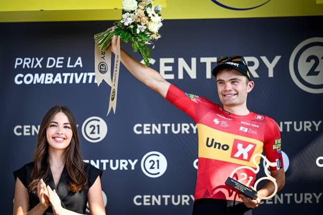 Danish Anthon Charmig of Uno-X Mobility celebrates on the podium with the combativity award after the stage 11 of the 2026 Tour de France cycling race, a stage of 161km from Vichy to Nevers, on Wednesday 15 July 2026. The 113th edition of the Tour de France starts on Saturday 4 July in Barcelona, Spain, and will finish in Paris, France on the 26th of July. JASPERxJACOBS  x181194112x