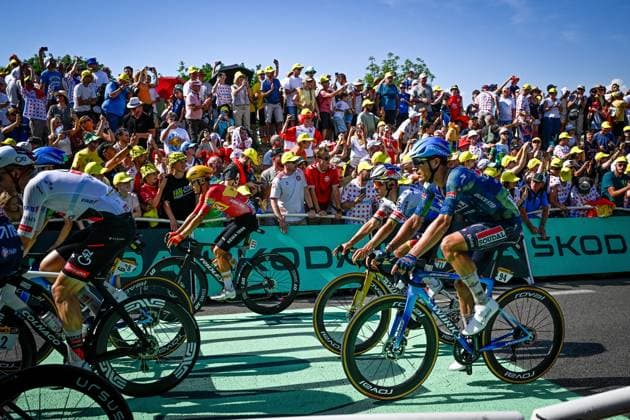 Belgian Remco Evenepoel of Red Bull-BORA-hansgrohe (2R) crosses the finish line of the stage 11 of the 2026 Tour de France cycling race, a stage of 161km from Vichy to Nevers, on Wednesday 15 July 2026. The 113th edition of the Tour de France starts on Saturday 4 July in Barcelona, Spain, and will finish in Paris, France on the 26th of July. JASPERxJACOBS  x181194113x