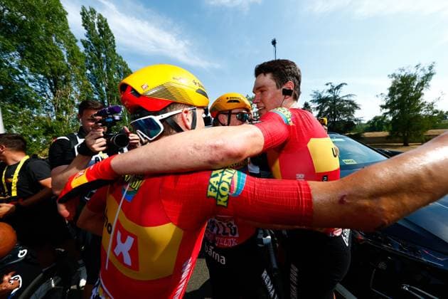 Norwegian Soren Waerenskjold of Uno-X Mobility celebrates with teammates after winning the stage 11 of the 2026 Tour de France cycling race, a stage of 161km from Vichy to Nevers, on Wednesday 15 July 2026. The 113th edition of the Tour de France starts on Saturday 4 July in Barcelona, Spain, and will finish in Paris, France on the 26th of July. POOLxLUCAxBETTINI  x181194126x