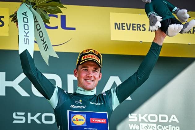 Danish Mads Pedersen of Lidl-Trek celebrates on the podium in the green points jersey the stage 11 of the 2026 Tour de France cycling race, a stage of 161km from Vichy to Nevers, on Wednesday 15 July 2026. The 113th edition of the Tour de France starts on Saturday 4 July in Barcelona, Spain, and will finish in Paris, France on the 26th of July. DAVIDxPINTENS  x181194288x