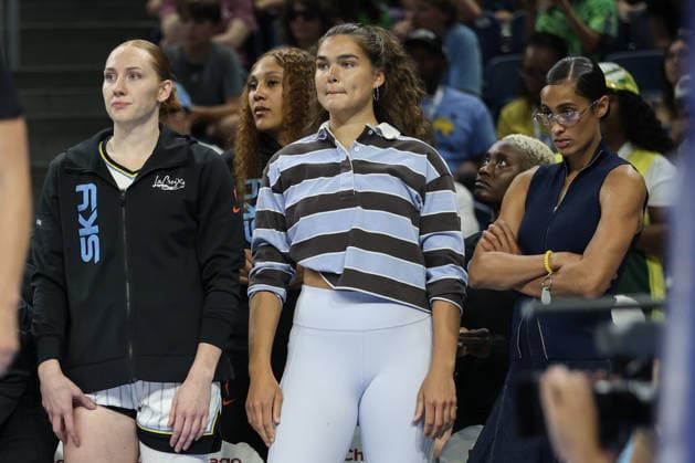 CHICAGO, USA - July 15: Chloe Bibby (55 Chicago Sky) Maddy Westbeld (21 Chicago Sky) and Skylar Diggins (4 Chicago Sky) are seen on the bench during the game between the Chicago Sky and Seattle Storm at Wintrust Arena on Wednesday, July 15 in Chicago, USA  Copyright: xShainaxBenhiyoun SPPx Sportspressphoto_SPR191077