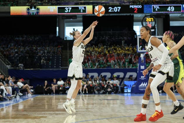 CHICAGO, USA - July 15: Courtney Vandersloot (22 Chicago Sky) shoots a three pointer during the game between the Chicago Sky and Seattle Storm at Wintrust Arena on Wednesday, July 15 in Chicago, USA  Copyright: xShainaxBenhiyoun SPPx Sportspressphoto_SPR191099