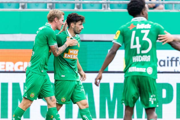 SOCCER - Rapid vs Panathinaikos, test match VIENNA,AUSTRIA,15.JUL.26 - SOCCER - ADMIRAL Bundesliga, Super League, SK Rapid Wien vs Panathinaikos Athen, test match. Image shows the rejoicing of Tonni Adamsen and Yusuf Demir (Rapid).  GEPAxpictures xPhilippxBrem