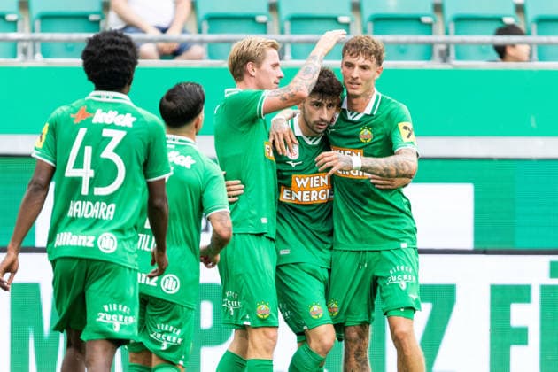 SOCCER - Rapid vs Panathinaikos, test match VIENNA,AUSTRIA,15.JUL.26 - SOCCER - ADMIRAL Bundesliga, Super League, SK Rapid Wien vs Panathinaikos Athen, test match. Image shows the rejoicing of Tonni Adamsen, Yusuf Demir and Bendeguz Bolla (Rapid).  GEPAxpictures xPhilippxBrem