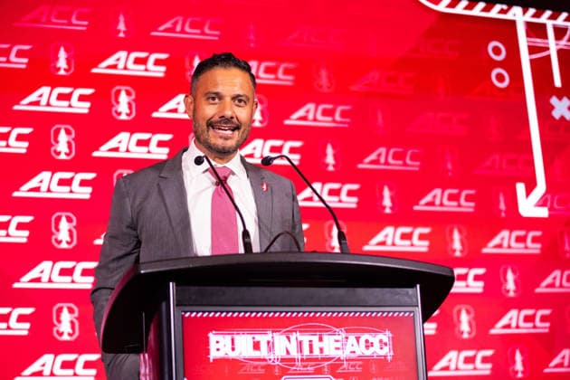 July 15, 2026: Stanford head coach Tavita Pritchard talks to the media at the 2026 ACC Football Kickoff at Hilton Uptown Charlotte in Charlotte, NC. ( CSM) Charlotte United States - ZUMAc04_ 20260715_zma_c04_079 Copyright: xScottxKinserx