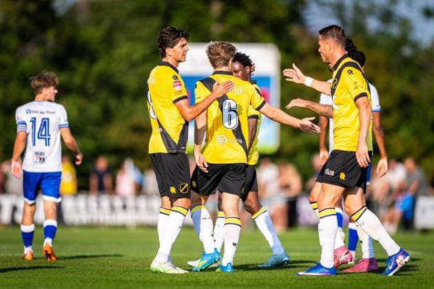 BURGH-HAAMSTEDE , 15-07-2026 , Sportpark van Zuijen , season 2026 2027, Dutch preseason friendly football , Match between NAC Breda and HSV Hoek , picture shows NAC Breda player Max Balard scores the 1-0 and celebrate his goal NAC - HSV Hoek (friendly)  x205042827x Copyright:
