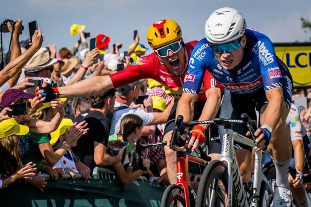 Norwegian Soren Waerenskjold of Uno-X Mobility and Belgian Tim Merlier of Soudal Quick-Step sprint to the finish of the stage 11 of the 2026 Tour de France cycling race, a stage of 161km from Vichy to Nevers, on Wednesday 15 July 2026. The 113th edition of the Tour de France starts on Saturday 4 July in Barcelona, Spain, and will finish in Paris, France on the 26th of July. JASPERxJACOBS  x181196815x
