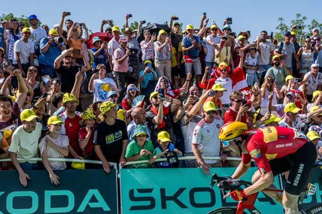Norwegian Soren Waerenskjold of Uno-X Mobility sprints to the finish of the stage 11 of the 2026 Tour de France cycling race, a stage of 161km from Vichy to Nevers, on Wednesday 15 July 2026. The 113th edition of the Tour de France starts on Saturday 4 July in Barcelona, Spain, and will finish in Paris, France on the 26th of July. JASPERxJACOBS  x181196816x