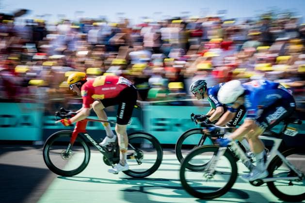 Norwegian Soren Waerenskjold of Uno-X Mobility, Dutch Olav Kooij of Decathlon CMA CGM Team and Belgian Jasper Philipsen of Alpecin-Premier Tech sprint to the finish of the stage 11 of the 2026 Tour de France cycling race, a stage of 161km from Vichy to Nevers, on Wednesday 15 July 2026. The 113th edition of the Tour de France starts on Saturday 4 July in Barcelona, Spain, and will finish in Paris, France on the 26th of July. JASPERxJACOBS  x181196832x