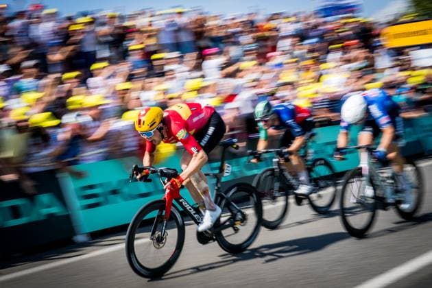Norwegian Soren Waerenskjold of Uno-X Mobility, Dutch Olav Kooij of Decathlon CMA CGM Team and Belgian Jasper Philipsen of Alpecin-Premier Tech sprint to the finish of the stage 11 of the 2026 Tour de France cycling race, a stage of 161km from Vichy to Nevers, on Wednesday 15 July 2026. The 113th edition of the Tour de France starts on Saturday 4 July in Barcelona, Spain, and will finish in Paris, France on the 26th of July. JASPERxJACOBS  x181196836x