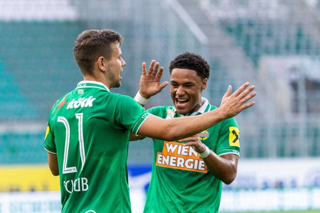 SOCCER - Rapid vs Panathinaikos, test match VIENNA,AUSTRIA,15.JUL.26 - SOCCER - ADMIRAL Bundesliga, Super League, SK Rapid Wien vs Panathinaikos Athen, test match. Image shows the rejoicing of Louis Schaub and Eadon Roka (Rapid).  GEPAxpictures xPhilippxBrem