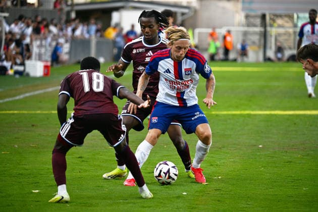 Football : Olympique Lyonnais and Servette FC Geneve - Friendly football match - 15 07 2026 Mads BIDSTRUP of Lyon celebrates scoring goal during the Friendly football match between Olympique Lyonnais and Servette FC Geneve at Pierre RAJON Stadium Bourgoin Jallieu on July 15 2026 , France BOURGOIN JALLIEUFrance  Copyright: xMouradxAllilix