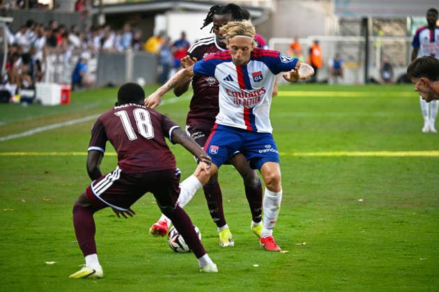 Football : Olympique Lyonnais and Servette FC Geneve - Friendly football match - 15 07 2026 Mads BIDSTRUP of Lyon celebrates scoring goal during the Friendly football match between Olympique Lyonnais and Servette FC Geneve at Pierre RAJON Stadium Bourgoin Jallieu on July 15 2026 , France BOURGOIN JALLIEUFrance  Copyright: xMouradxAllilix