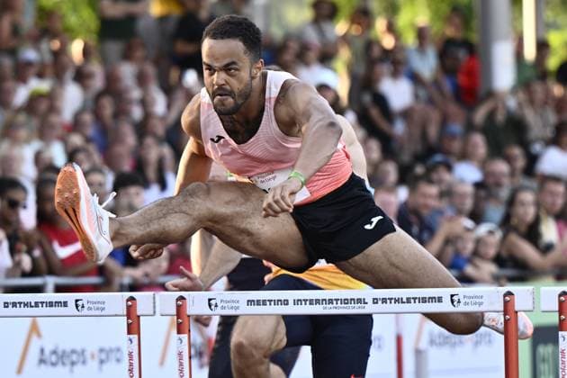 Belgian Michael Obasuyi pictured in action during the 100M hurdles at the 2026 edition of the Meeting International d Athletisme de la Province de Liege athletics event in Liege, Wednesday 15 July 2026. ERICxLALMAND  x181198403x