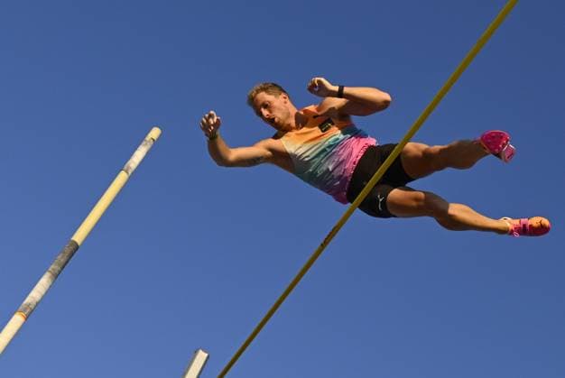 Belgian Ben Broeders and pictured in action during Pole Vault Men at the 2026 edition of the Meeting International d Athletisme de la Province de Liege athletics event in Liege, Wednesday 15 July 2026. ERICxLALMAND  x181199054x