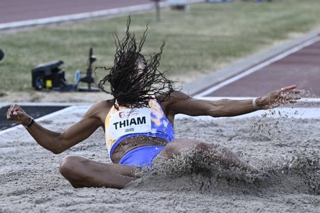 Belgian Nafissatou Nafi Thiam pictured in action during the women long jump at the 2026 edition of the Meeting International d Athletisme de la Province de Liege athletics event in Liege, Wednesday 15 July 2026. ERICxLALMAND  x181199618x