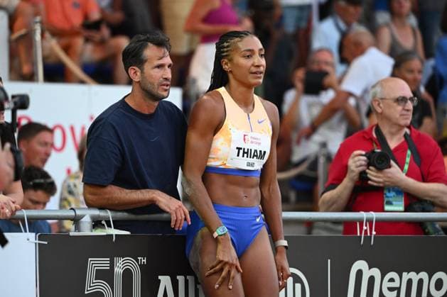 Meeting International Province de Liege 2026 LIEGE, BELGIUM - JULY 15 : coach Michael Van der Plaetsen with THIAM Nafissatou (BEL) Long Jump Women during the 24th edition of the 2026 Province Liege International Athletics Meeting in the Naimette arena in Liege on July 15, 2026 in Liege, Belgium, 15 07 2026 Liege Belgium  Copyright: xVincentxKalutx