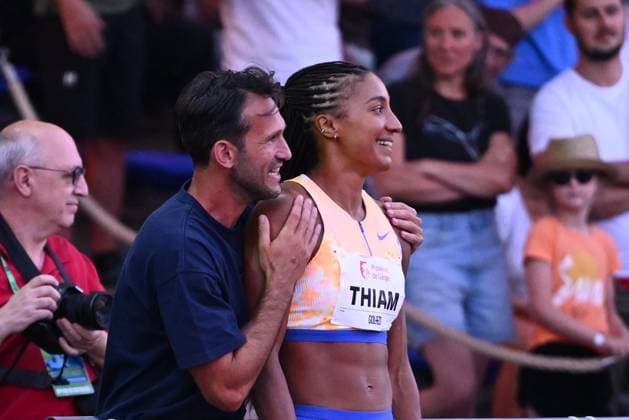 Meeting International Province de Liege 2026 LIEGE, BELGIUM - JULY 15 : coach Michael Van der Plaetsen with THIAM Nafissatou (BEL) Long Jump Women during the 24th edition of the 2026 Province Liege International Athletics Meeting in the Naimette arena in Liege on July 15, 2026 in Liege, Belgium, 15 07 2026 Liege Belgium  Copyright: xVincentxKalutx