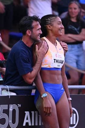 Meeting International Province de Liege 2026 LIEGE, BELGIUM - JULY 15 : coach Michael Van der Plaetsen with THIAM Nafissatou (BEL) Long Jump Women during the 24th edition of the 2026 Province Liege International Athletics Meeting in the Naimette arena in Liege on July 15, 2026 in Liege, Belgium, 15 07 2026 Liege Belgium  Copyright: xVincentxKalutx
