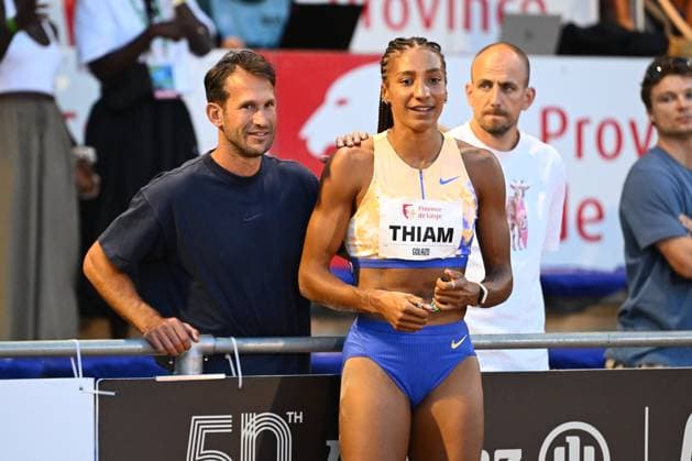 Meeting International Province de Liege 2026 LIEGE, BELGIUM - JULY 15 : coach Michael Van der Plaetsen with THIAM Nafissatou (BEL) Long Jump Women during the 24th edition of the 2026 Province Liege International Athletics Meeting in the Naimette arena in Liege on July 15, 2026 in Liege, Belgium, 15 07 2026 Liege Belgium  Copyright: xVincentxKalutx