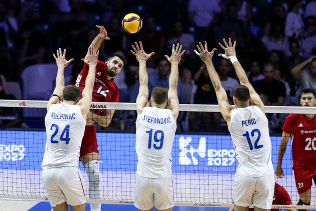 Serbia v Turkiye - Men s Volleyball Nations League BELGRADE, SERBIA - JULY 15: Players compete during the Men s Volleyball Nations League match between Serbia and Turkiye in Belgrade, Serbia on July 15, 2026. Filip Stevanovic Anadolu Belgrade Serbia. Editorial use only. Please get in touch for any other usage.  Copyright: x2026xAnadoluxFilipxStevanovicx