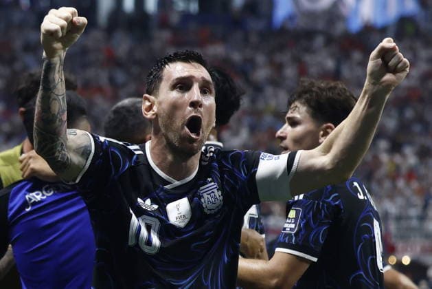 FIFA World Cup, WM, Weltmeisterschaft, Fussball 2026 semifinals - England vs Argentina Lionel Messi of Argentina celebrates after the team scored a goal during the FIFA World Cup 2026 semifinals match England against Argentina, in Atlanta, USA, 15 July 2026. ATLANTA United States  Copyright: xWILLxOLIVERx