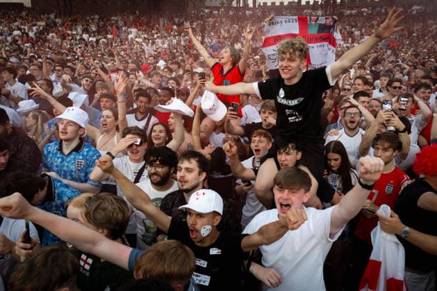 July 15, 2026, Manchester, United Kingdom: England fans seen celebrating after scoring during the highly anticipated World Cup semi-final. The sold-out Castlefield Bowl, organised by The Road Victory, saw thousands of fans come together to watch England play Argentina in a World Cup battle for the first time since France 98. England Vs Argentina World Cup Semi Final In Manchester, UK - 15 JULY 2026.  - ZUMAs197 20260715_aaa_s197_170 Copyright: xAndyxBartonx