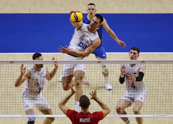 Men s Volleyball Nations League - Belgrade 2026 Serbia s Aleksandar Nedeljkovic spikes the ball against Turkey s Marko Matic during the MenÕs Volleyball Nations League Pool 7 match between Serbia and Turkiye at Belgrade Arena on July 15, 2026 in Belgrade, Serbia. Belgrade Serbia Copyright: xSrdjanxStevanovicx x