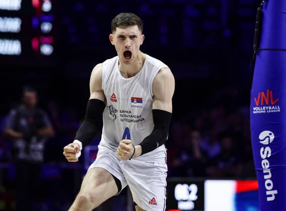 Men s Volleyball Nations League - Belgrade 2026 Serbia s Lazar Marinovic reacts during the MenÕs Volleyball Nations League Pool 7 match between Serbia and Turkiye at Belgrade Arena on July 15, 2026 in Belgrade, Serbia. Belgrade Serbia Copyright: xSrdjanxStevanovicx x