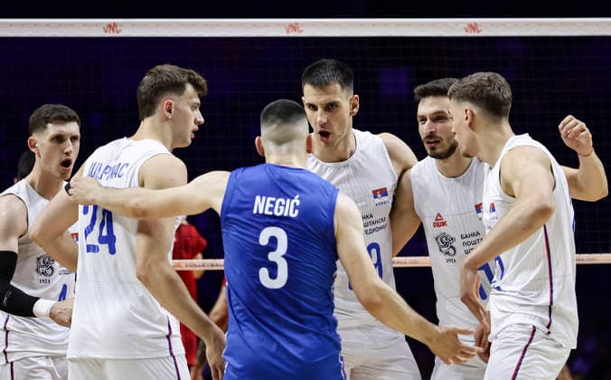 Men s Volleyball Nations League - Belgrade 2026 Players of Serbia react during the MenÕs Volleyball Nations League Pool 7 match between Serbia and Turkiye at Belgrade Arena on July 15, 2026 in Belgrade, Serbia. Belgrade Serbia Copyright: xSrdjanxStevanovicx x