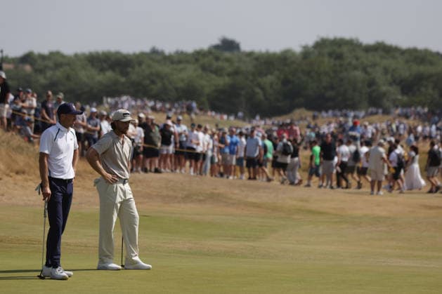 RECORD DATE NOT STATED 16th July 2026; Royal Birkdale Golf Club, Southport, Merseyside, England; The Open Championship, Round One; Jordan Speith (USA) and Tommy Fleetwood (ENG) study their putts at the 2nd green DavidxBlunsden