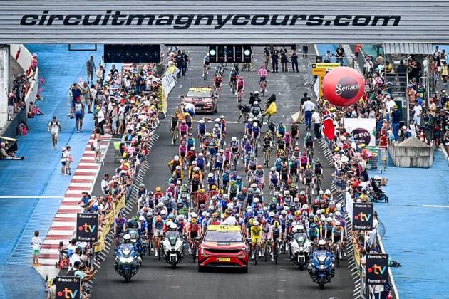 The pack of riders pictured before the start of stage 12 of the 2026 Tour de France cycling race, a stage of 181km from Nevers Magny-Cours to Chalon-sur-Saone, on Thursday 16 July 2026. The 113th edition of the Tour de France starts on Saturday 4 July in Barcelona, Spain, and will finish in Paris, France on the 26th of July. JASPERxJACOBS  x181254059x