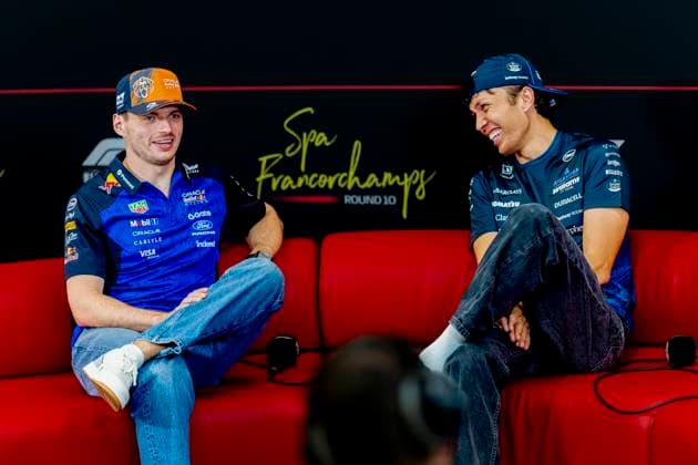 SPA - Formula 1 driver Max Verstappen of Oracle Red Bull Racing, Formula 1 driver Alexander Albon of Atlassian Williams F1 Team during the Formula 1 Belgium at Spa Francorchamps on July 16, 2026 in Spa, Belgium. (Photo by DeFodi Images) - *** SPA Formula 1 driver Max Verstappen of Oracle Red Bull Racing and Formula 1 driver Alexander Albon of Atlassian Williams F1 Team during the Formula 1 Belgian Grand Prix at Spa-Francorchamps on July 16, 2026, in Spa, Belgium. Photo by DeFodi Images