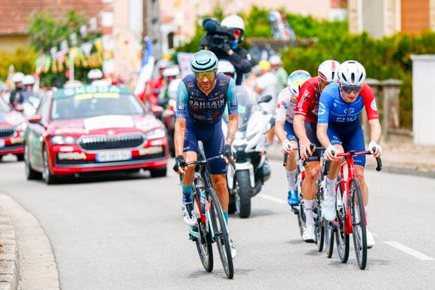 Tour de France 2026 Stage 12 CHALON-SUR-SAONE, FRANCE - JULY 16 : Caruso Damiano (ITA) of Bahrain - Victorious leading the escape pack during stage 12 of the 113rd edition of Tour de France an UCI World Tour 2.UWT cycling road race stage for Men Elite of 181 km with start in Circuit Nevers Magny-Cours and finish in Chalon-sur-Saone on July 16, 2026 in Chalon-sur-Saone, France, 16 07 2026 Chalon-sur-Saone France  Copyright: xLucaxBettinix