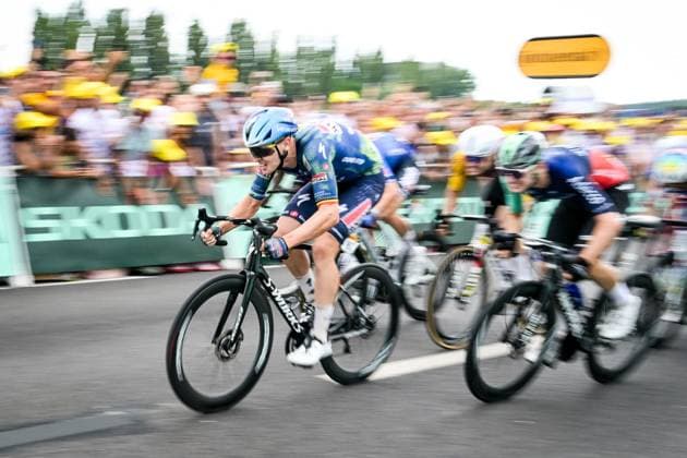 Belgian Tim Merlier of Soudal Quick-Step sprints to the finish of the stage 12 of the 2026 Tour de France cycling race, a stage of 181km from Nevers Magny-Cours to Chalon-sur-Saone, on Thursday 16 July 2026. The 113th edition of the Tour de France starts on Saturday 4 July in Barcelona, Spain, and will finish in Paris, France on the 26th of July. DAVIDxPINTENS  x181270234x