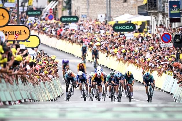 Eritrean Biniam Girmay of NSN Cycling Team, Belgian Jasper Philipsen of Alpecin-Premier Tech, Belgian Milan Fretin of Cofidis, Belgian Tim Merlier of Soudal Quick-Step and Danish Mads Pedersen of Lidl-Trek sprint to the finish of the stage 12 of the 2026 Tour de France cycling race, a stage of 181km from Nevers Magny-Cours to Chalon-sur-Saone, on Thursday 16 July 2026. The 113th edition of the Tour de France starts on Saturday 4 July in Barcelona, Spain, and will finish in Paris, France on the 26th of July. JASPERxJACOBS  x181270235x