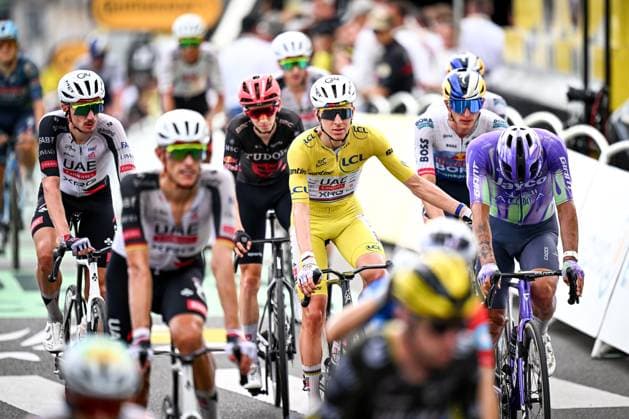 Slovenian Tadej Pogacar of UAE Team Emirates XRG crosses the finish line of the stage 12 of the 2026 Tour de France cycling race, a stage of 181km from Nevers Magny-Cours to Chalon-sur-Saone, on Thursday 16 July 2026. The 113th edition of the Tour de France starts on Saturday 4 July in Barcelona, Spain, and will finish in Paris, France on the 26th of July. JASPERxJACOBS  x181270709x