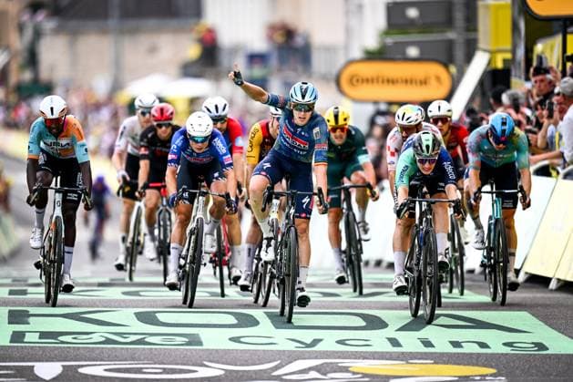 Belgian Tim Merlier of Soudal Quick-Step celebrates after winning the stage 12 of the 2026 Tour de France cycling race, a stage of 181km from Nevers Magny-Cours to Chalon-sur-Saone, on Thursday 16 July 2026. The 113th edition of the Tour de France starts on Saturday 4 July in Barcelona, Spain, and will finish in Paris, France on the 26th of July. JASPERxJACOBS  x181271101x
