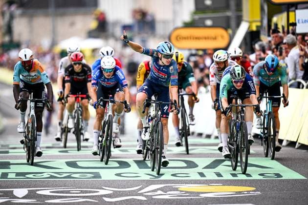Belgian Tim Merlier of Soudal Quick-Step celebrates after winning the stage 12 of the 2026 Tour de France cycling race, a stage of 181km from Nevers Magny-Cours to Chalon-sur-Saone, on Thursday 16 July 2026. The 113th edition of the Tour de France starts on Saturday 4 July in Barcelona, Spain, and will finish in Paris, France on the 26th of July. JASPERxJACOBS  x181271110x