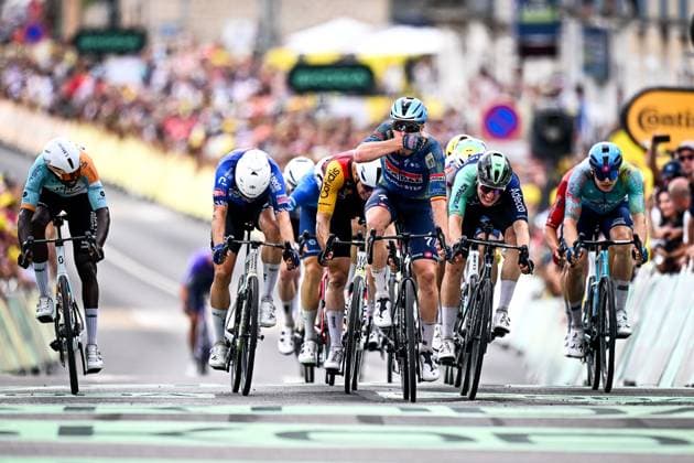Belgian Tim Merlier of Soudal Quick-Step celebrates after winning the stage 12 of the 2026 Tour de France cycling race, a stage of 181km from Nevers Magny-Cours to Chalon-sur-Saone, on Thursday 16 July 2026. The 113th edition of the Tour de France starts on Saturday 4 July in Barcelona, Spain, and will finish in Paris, France on the 26th of July. JASPERxJACOBS  x181271520x