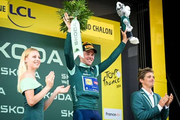 Danish Mads Pedersen of Lidl-Trek celebrates on the podium in the green points jersey the stage 12 of the 2026 Tour de France cycling race, a stage of 181km from Nevers Magny-Cours to Chalon-sur-Saone, on Thursday 16 July 2026. The 113th edition of the Tour de France starts on Saturday 4 July in Barcelona, Spain, and will finish in Paris, France on the 26th of July. DAVIDxPINTENS  x181271669x