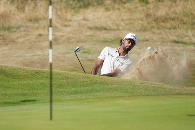 SOUTHPORT, ENGLAND - JULY 16: Akshay Bhatia (USA) plays from a green side bunker on the 3rd hole during Round 1 of the 154th Open Championship at the Royal Birkdale Golf Club, Southport on July 16, 2026 in Merseyside, England The 154th British Open Championship
