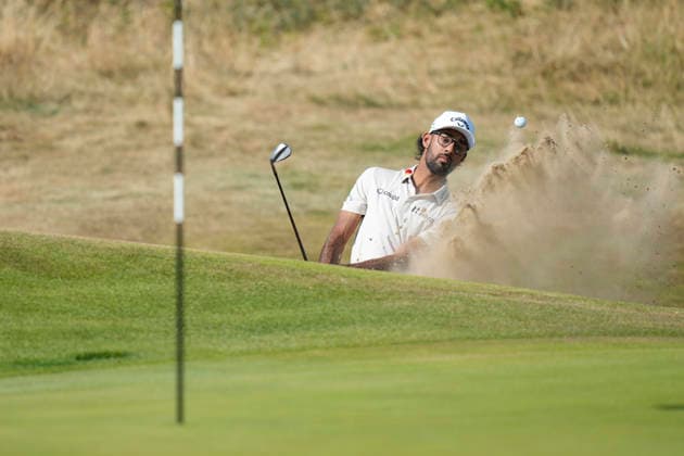 SOUTHPORT, ENGLAND - JULY 16: Akshay Bhatia (USA) plays from a green side bunker on the 3rd hole during Round 1 of the 154th Open Championship at the Royal Birkdale Golf Club, Southport on July 16, 2026 in Merseyside, England The 154th British Open Championship