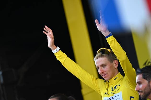 Slovenian Tadej Pogacar of UAE Team Emirates XRG celebrates in the yellow jersey of leader in the overall ranking after the stage 12 of the 2026 Tour de France cycling race, a stage of 181km from Nevers Magny-Cours to Chalon-sur-Saone, on Thursday 16 July 2026. The 113th edition of the Tour de France starts on Saturday 4 July in Barcelona, Spain, and will finish in Paris, France on the 26th of July. JASPERxJACOBS  x181272354x