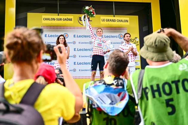 Tour de France 2026 Stage 12 CHALON-SUR-SAONE, FRANCE - JULY 16 : Pogacar Tadej (SLO) of UAE Team Emirates XRG on the podium wearing the polka dot jersey during stage 12 of the 113rd edition of Tour de France an UCI World Tour 2.UWT cycling road race stage for Men Elite of 181 km with start in Circuit Nevers Magny-Cours and finish in Chalon-sur-Saone on July 16, 2026 in Chalon-sur-Saone, France, 16 07 2026 Chalon-sur-Saone France  Copyright: xPeterxDexVoechtx