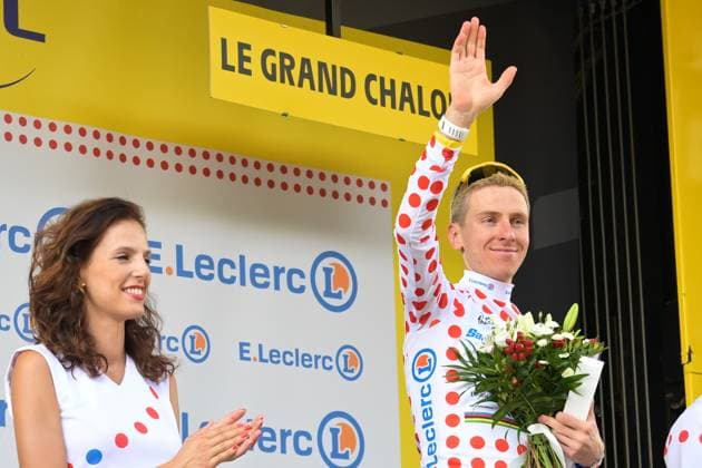 Slovenian Tadej Pogacar of UAE Team Emirates XRG celebrates in the red polka-dot jersey for best climber after the stage 12 of the 2026 Tour de France cycling race, a stage of 181km from Nevers Magny-Cours to Chalon-sur-Saone, on Thursday 16 July 2026. The 113th edition of the Tour de France starts on Saturday 4 July in Barcelona, Spain, and will finish in Paris, France on the 26th of July. DAVIDxPINTENS  x181272368x