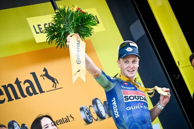 Belgian Tim Merlier of Soudal Quick-Step celebrates on the podium after winning the stage 12 of the 2026 Tour de France cycling race, a stage of 181km from Nevers Magny-Cours to Chalon-sur-Saone, on Thursday 16 July 2026. The 113th edition of the Tour de France starts on Saturday 4 July in Barcelona, Spain, and will finish in Paris, France on the 26th of July. JASPERxJACOBS  x181273403x